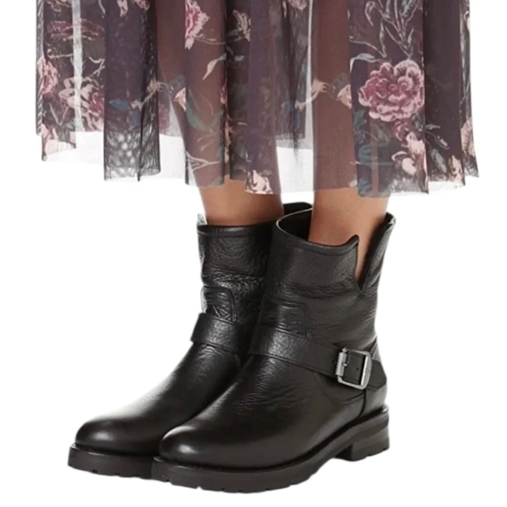 Frye Natalie short engineer black leather ankle boots with silver hardware